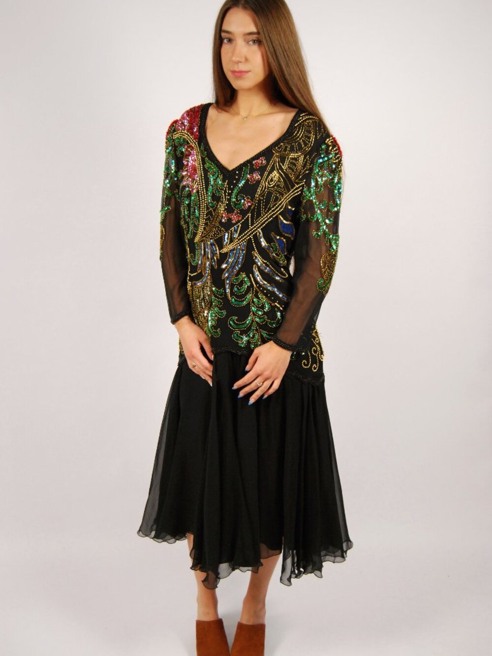 90s Beaded Gown (L) large black vintage maxi long sleeve formal art deco glam